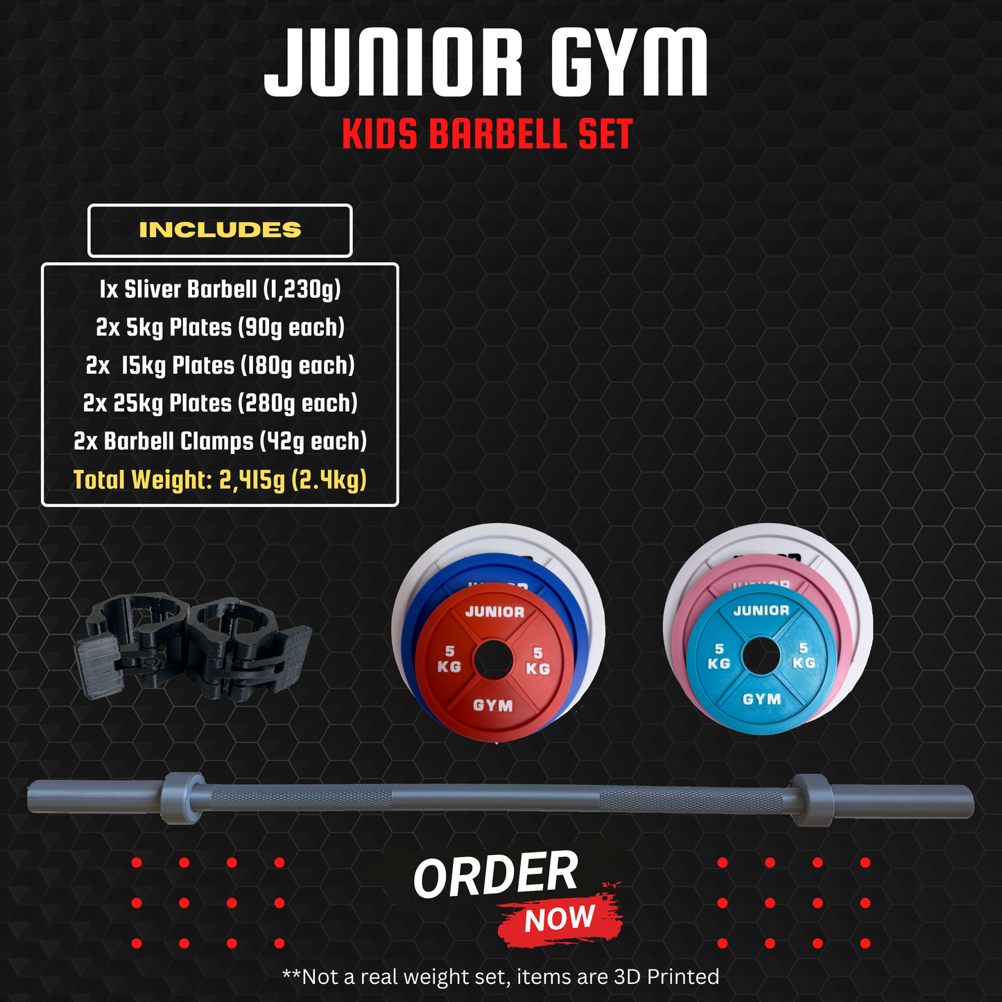 Junior Gym Barbell Set with Weight Plates | 3D-Printed | 2.4 kg Total Weight | Ages 3+