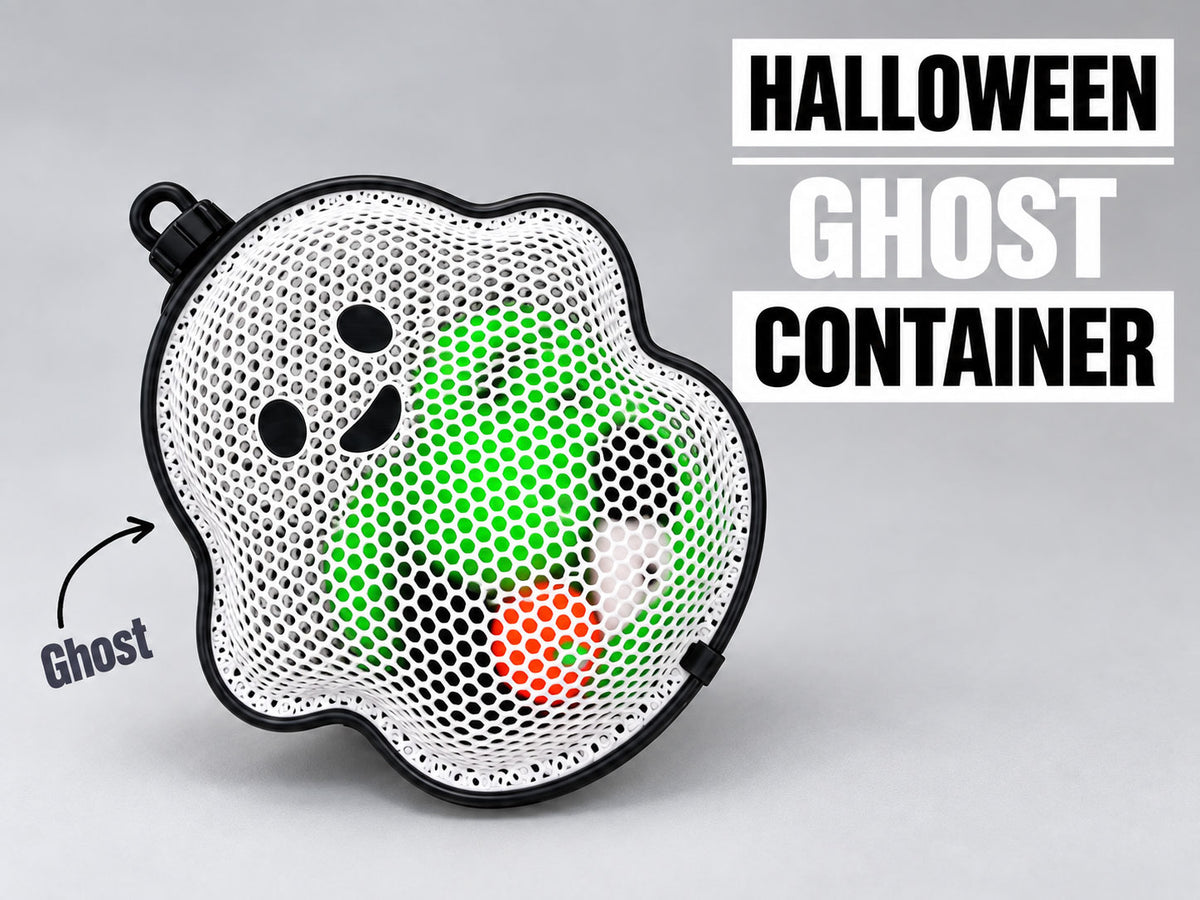 White 3D-printed ghost container with a smiling face, mesh design and colourful fidgets inside.